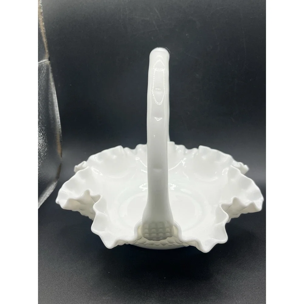 Fenton‎ White Hobnail Glass Basket w/ Handle - 7